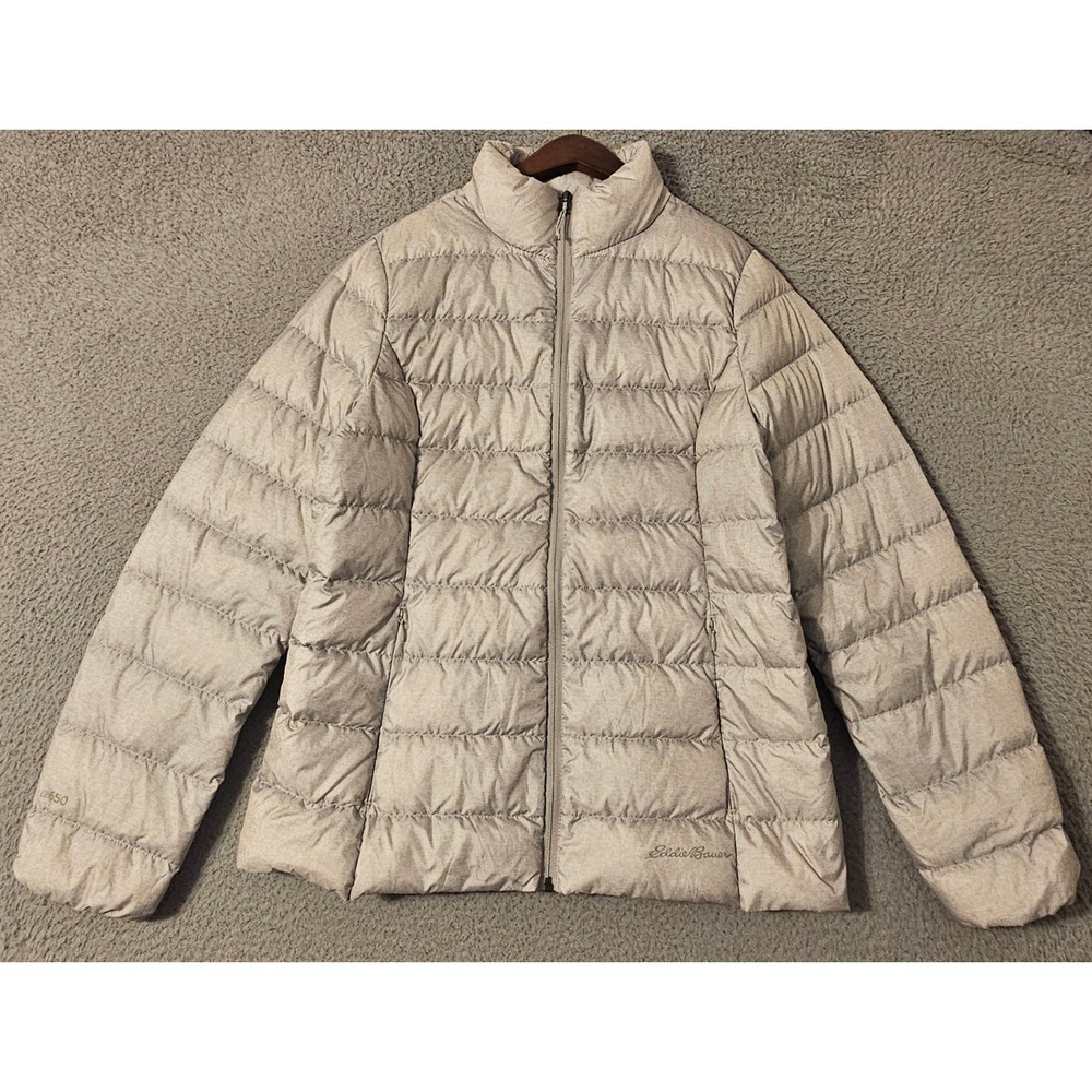 Eddie Bauer EB650 Down Puffer Jacket Womens Medium Gray Full Zip Quilted Coat